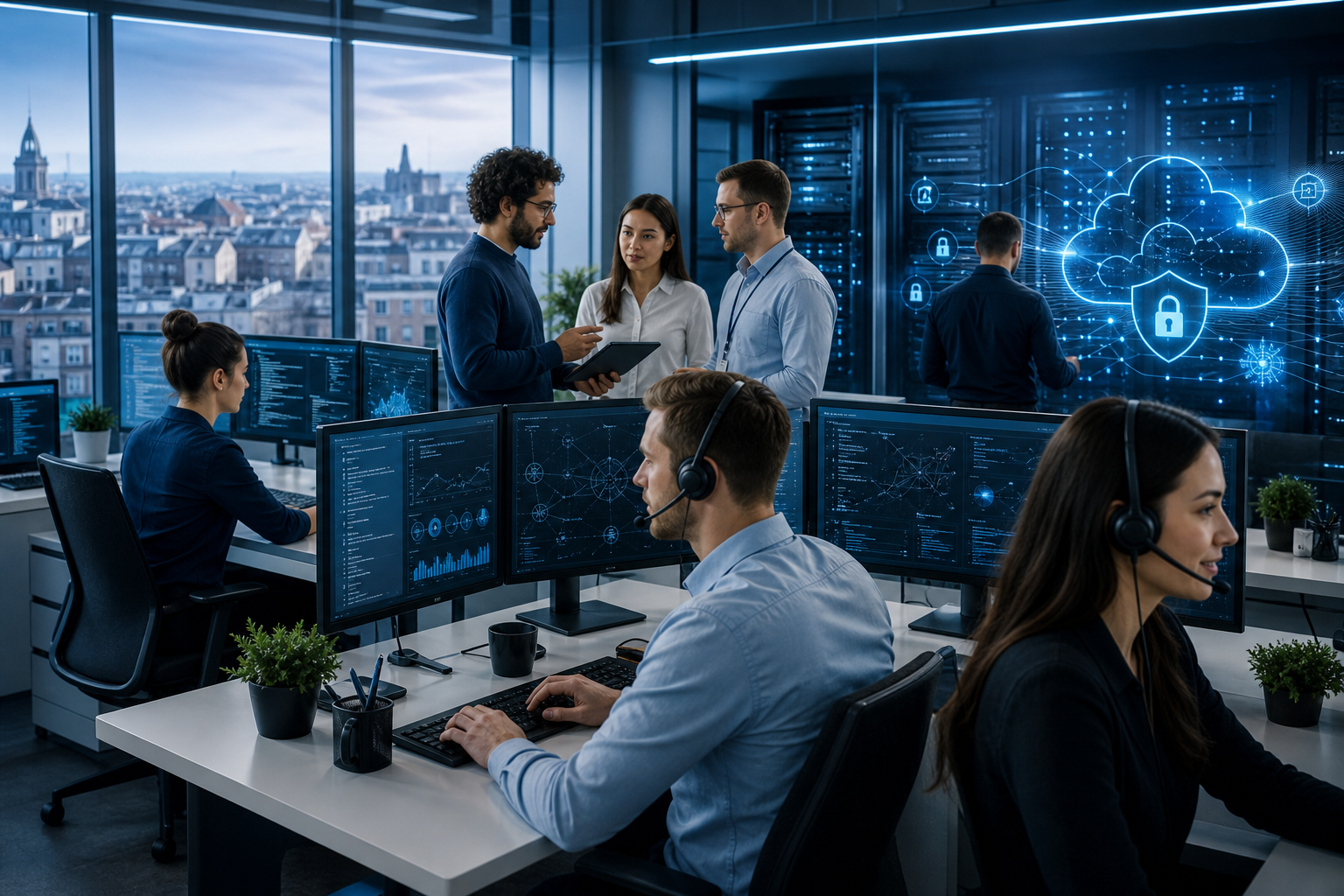 Zespół specjalistów IT monitorujący zgłoszenia i infrastrukturę firmy