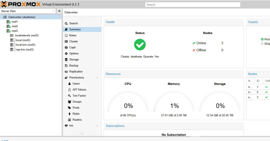 Klaster proxmox - konsola web, serwery Dell
