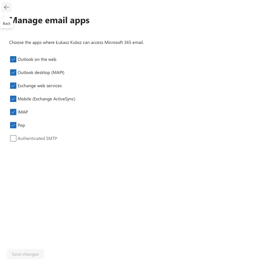 Wyłączona opcja Authenticated SMTP dla skrzynki Microsoft 365.